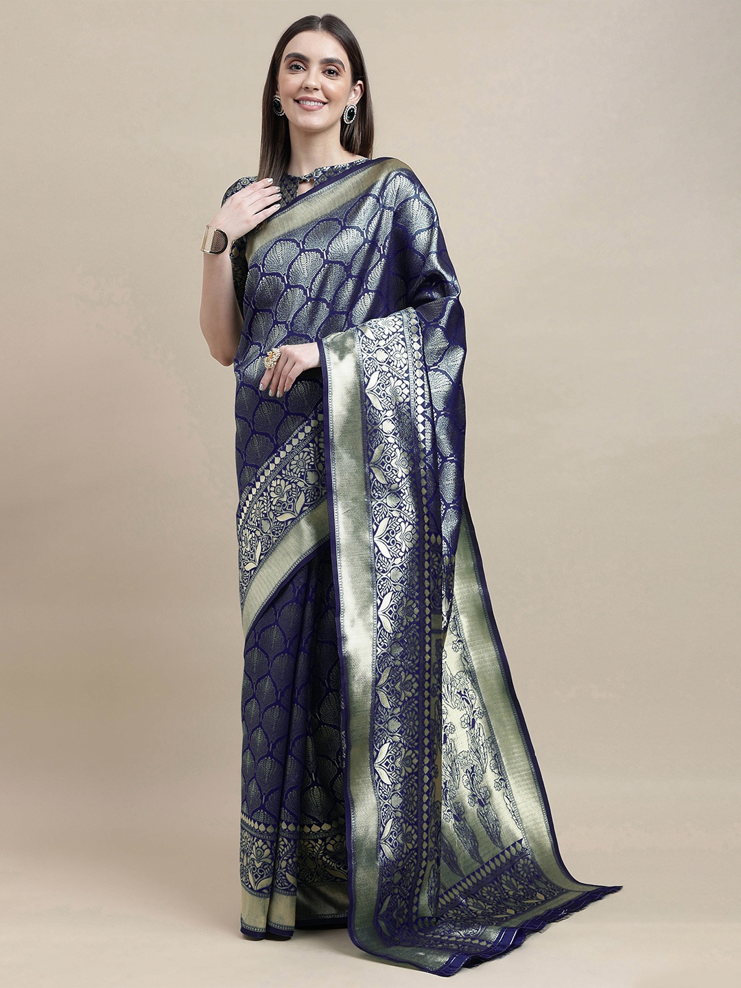 

HERE&NOW Blue Ethnic Woven Design Zari Banarasi Saree