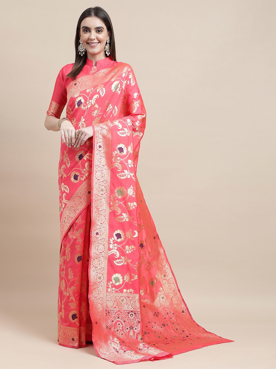 

HERE&NOW Pink & Green Floral Woven Design Zari Kanjeevaram Saree
