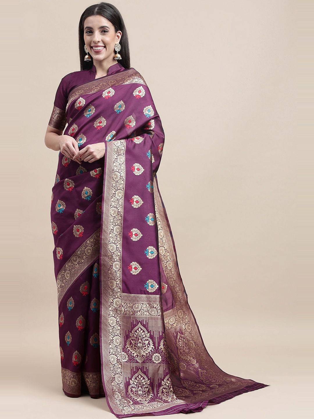 

HERE&NOW Purple Ethnic Woven Design Zari Kanjeevaram Saree