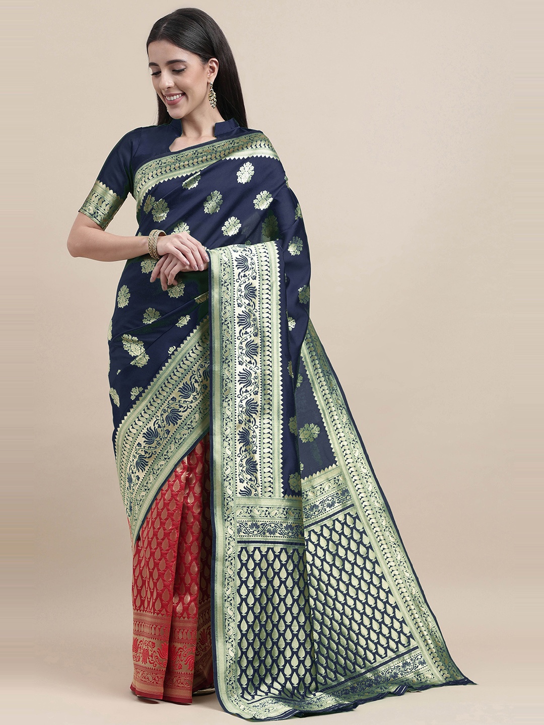 

HERE&NOW Blue & Red Floral Woven Design Zari Kanjeevaram Saree