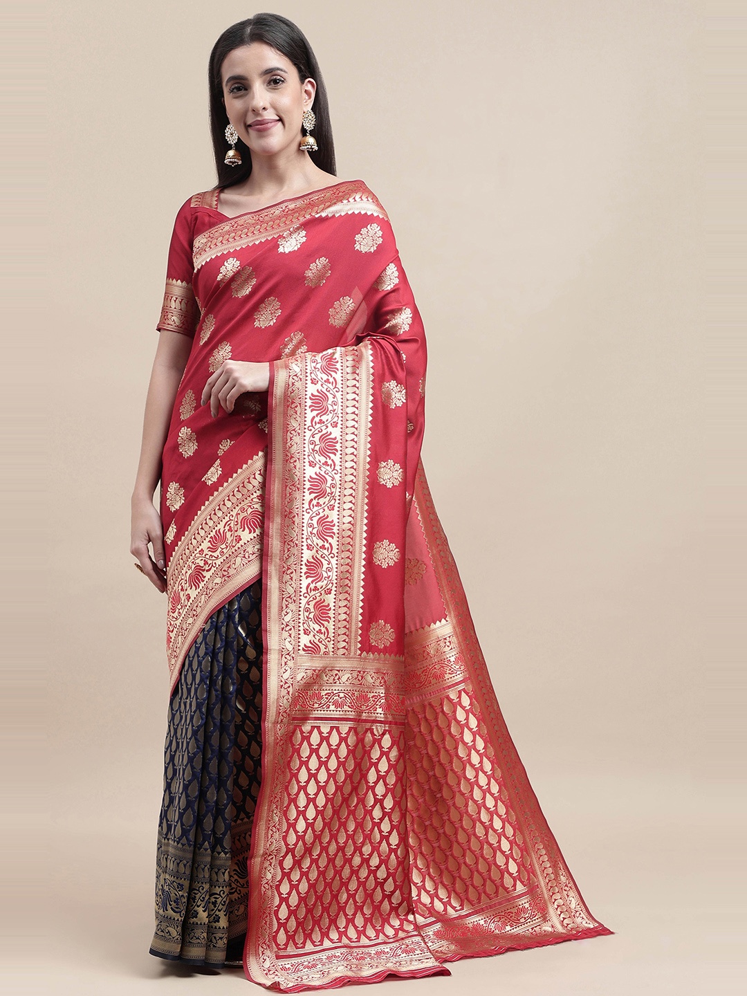 

HERE&NOW Red & Blue Floral Woven Design Zari Kanjeevaram Saree