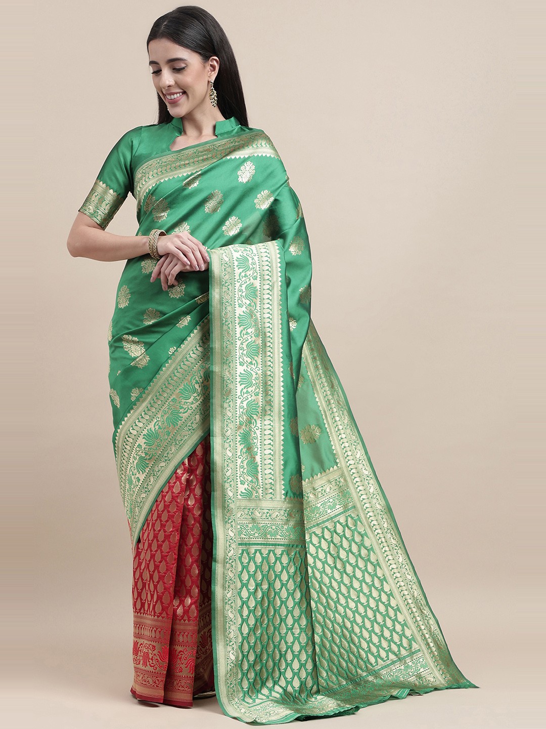 

HERE&NOW Green & Red Floral Woven Design Zari Kanjeevaram Saree