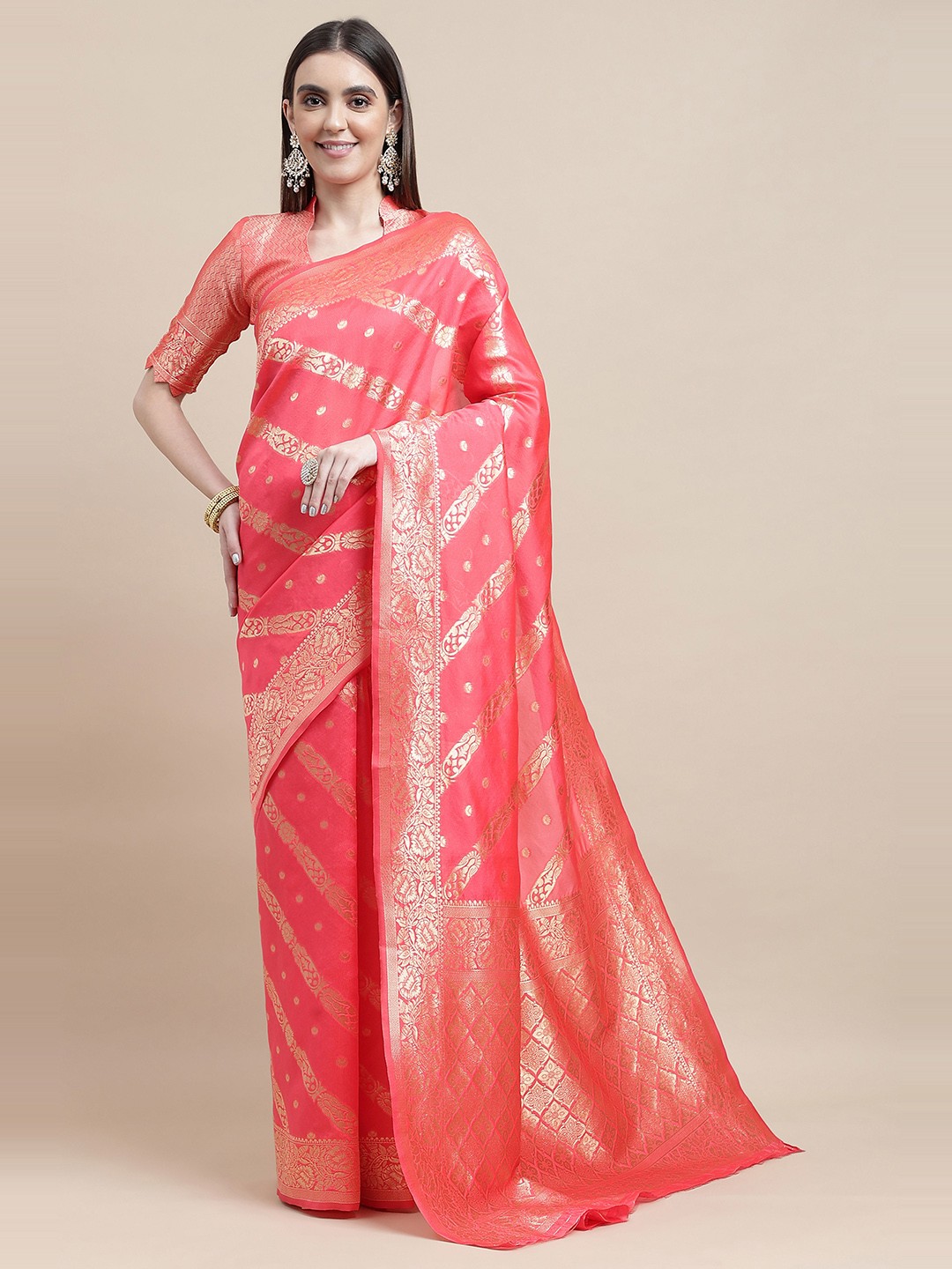

HERE&NOW Pink & Gold-Toned Floral Woven Design Zari Banarasi Saree