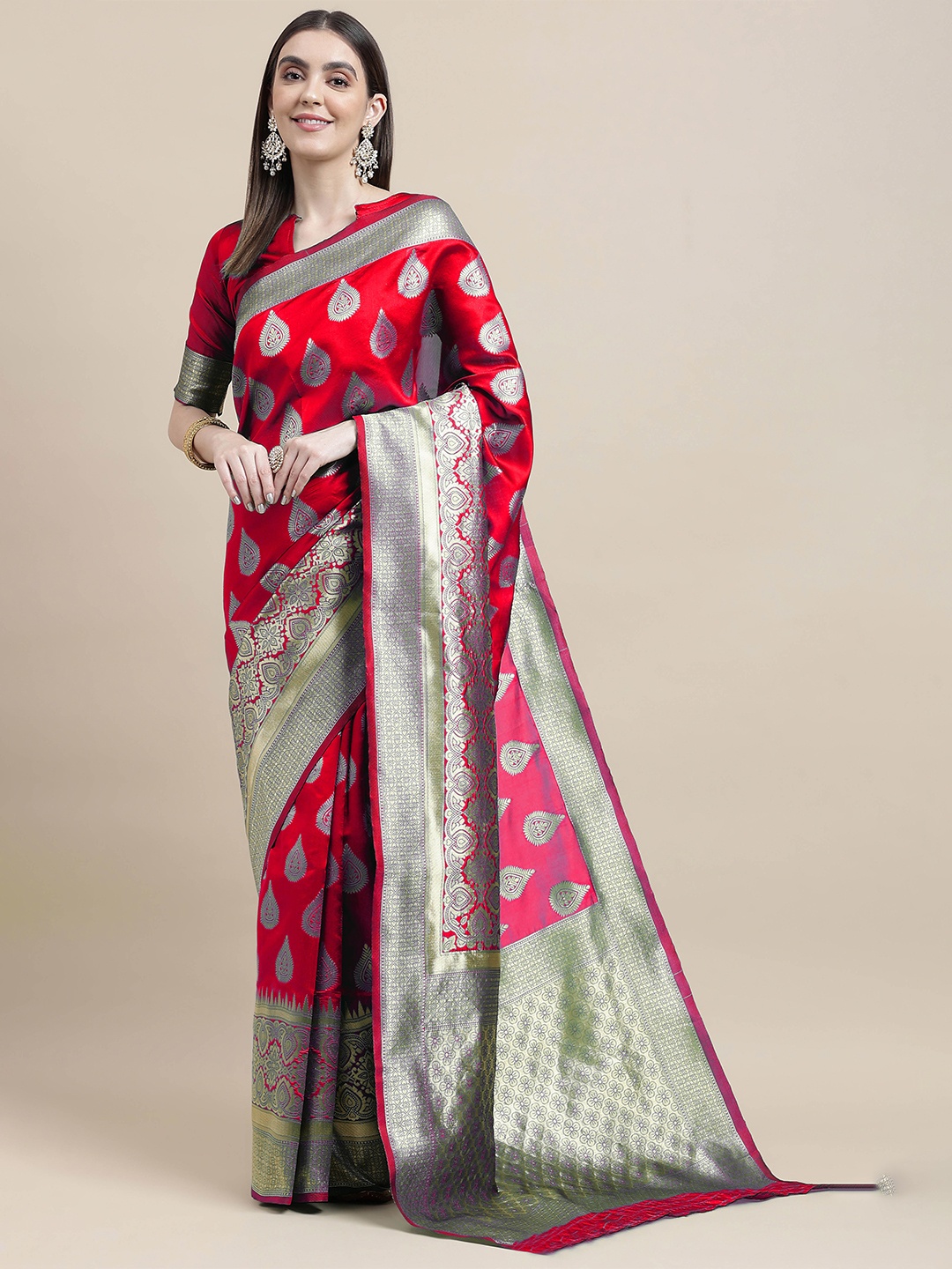 

HERE&NOW Red & Gold-Toned Ethnic Motif Woven Design Zari Banarasi Saree