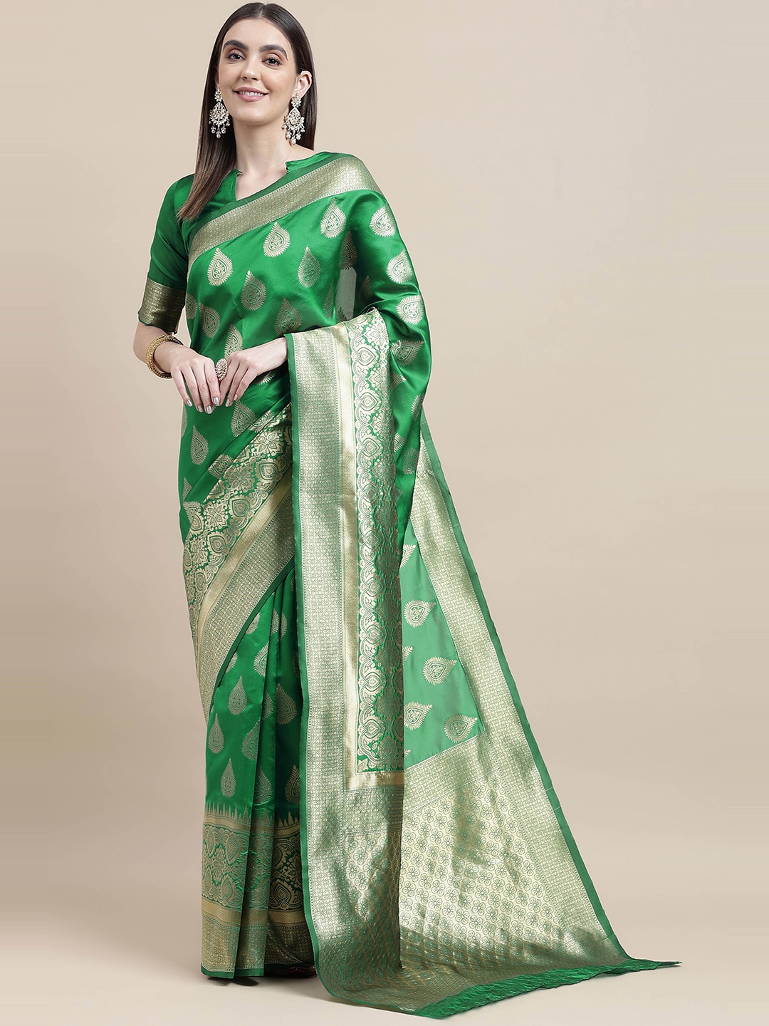 

HERE&NOW Green & Gold-Toned Ethnic Motifs Woven Design Zari Banarasi Saree
