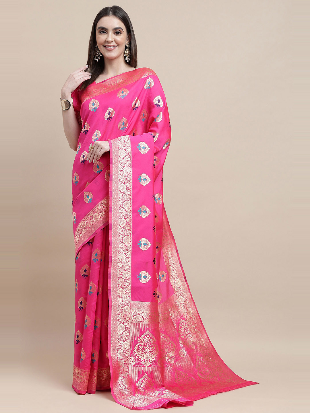 

HERE&NOW Pink & Blue Ethnic Motif Woven Design Zari Kanjeevaram Saree