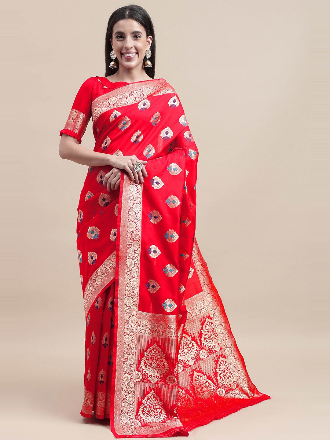 

HERE&NOW Red & Blue Ethnic motif Woven Design Zari Kanjeevaram Saree