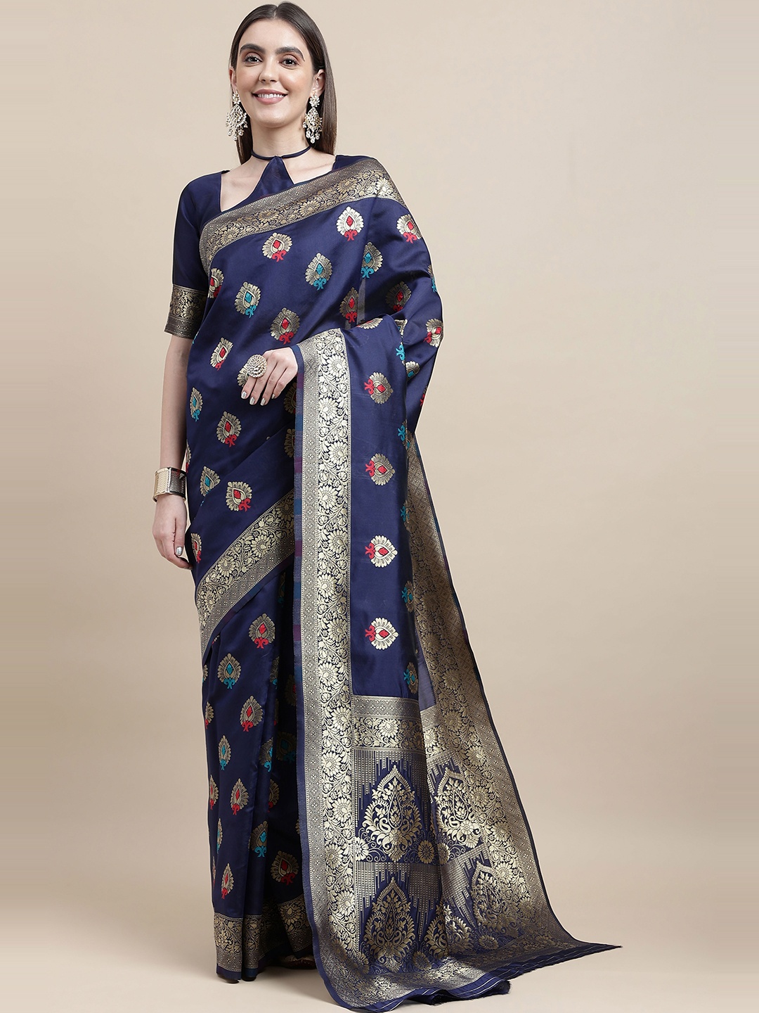 

HERE&NOW Blue & Gold-Toned Ethnic Motif Woven Design Zari Kanjeevaram Saree