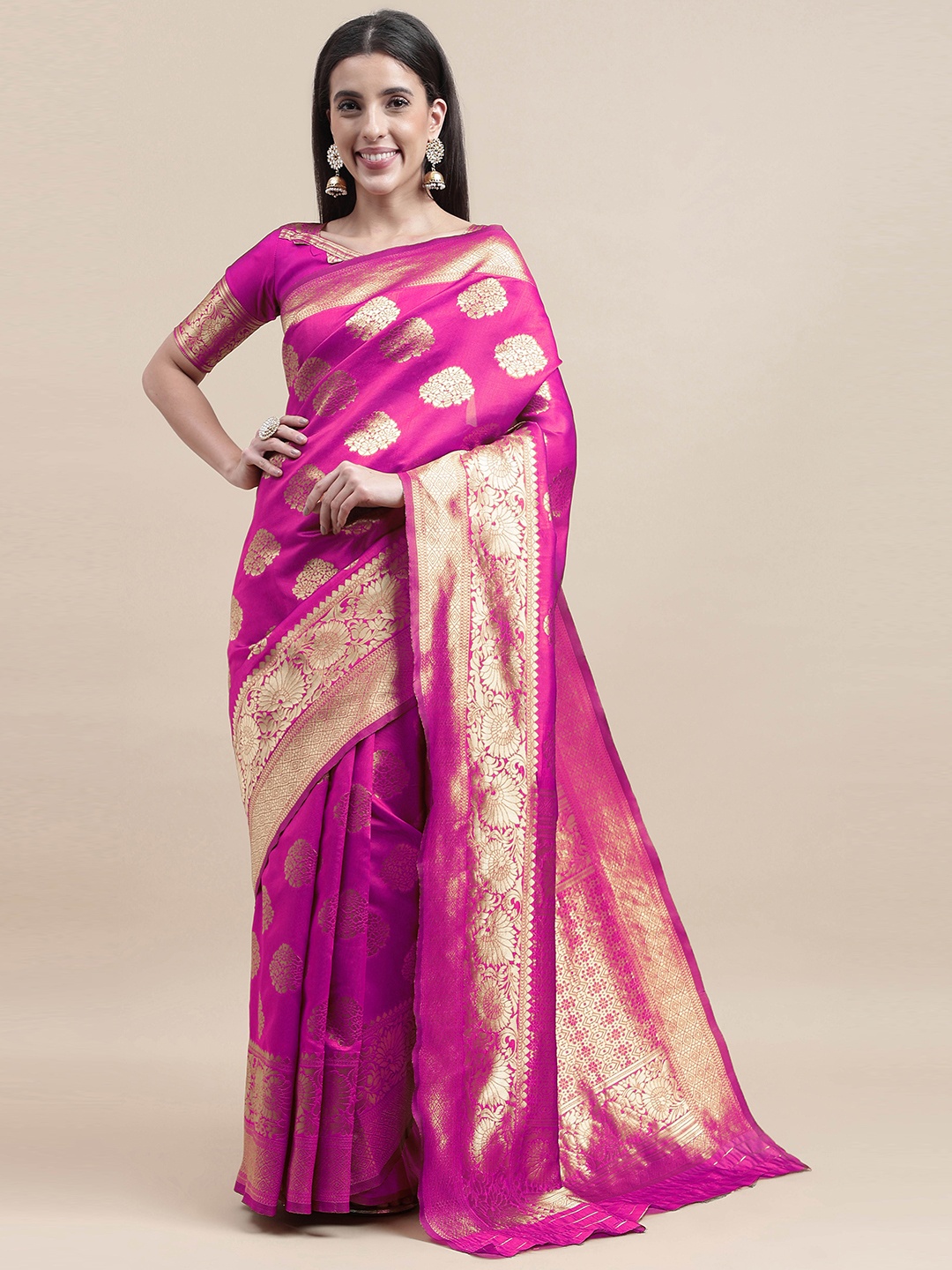 

HERE&NOW Pink & Gold-Toned Floral Woven Design Zari Banarasi Saree