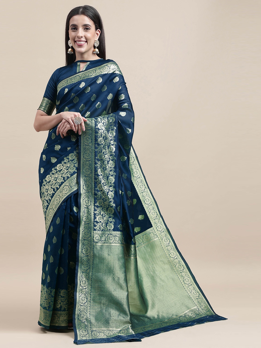 

HERE&NOW Blue & Gold-Toned Ethnic Motif Woven Design Zari Banarasi Saree