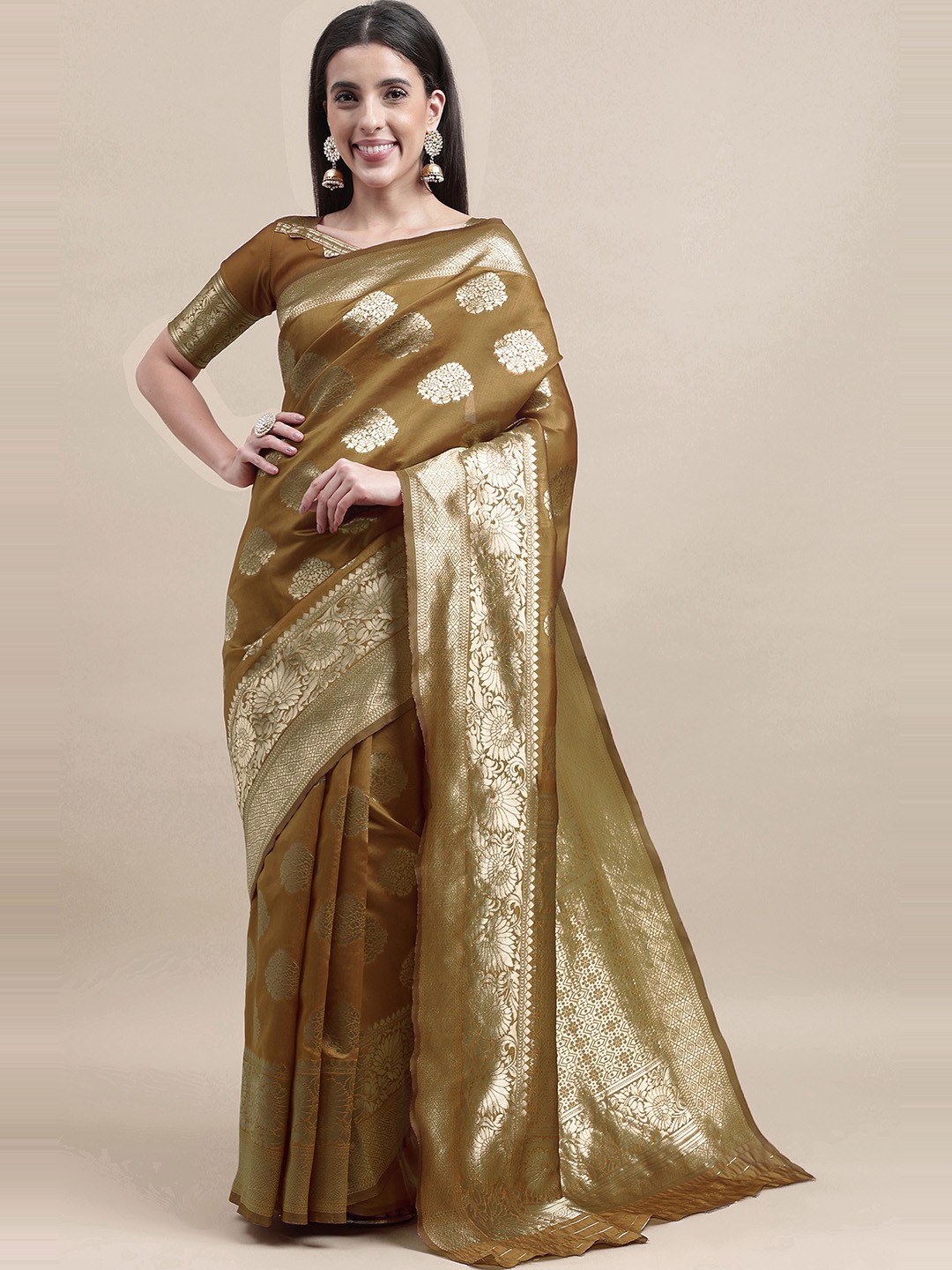 

HERE&NOW Brown & Gold-Toned Floral Woven Design Zari Banarasi Saree