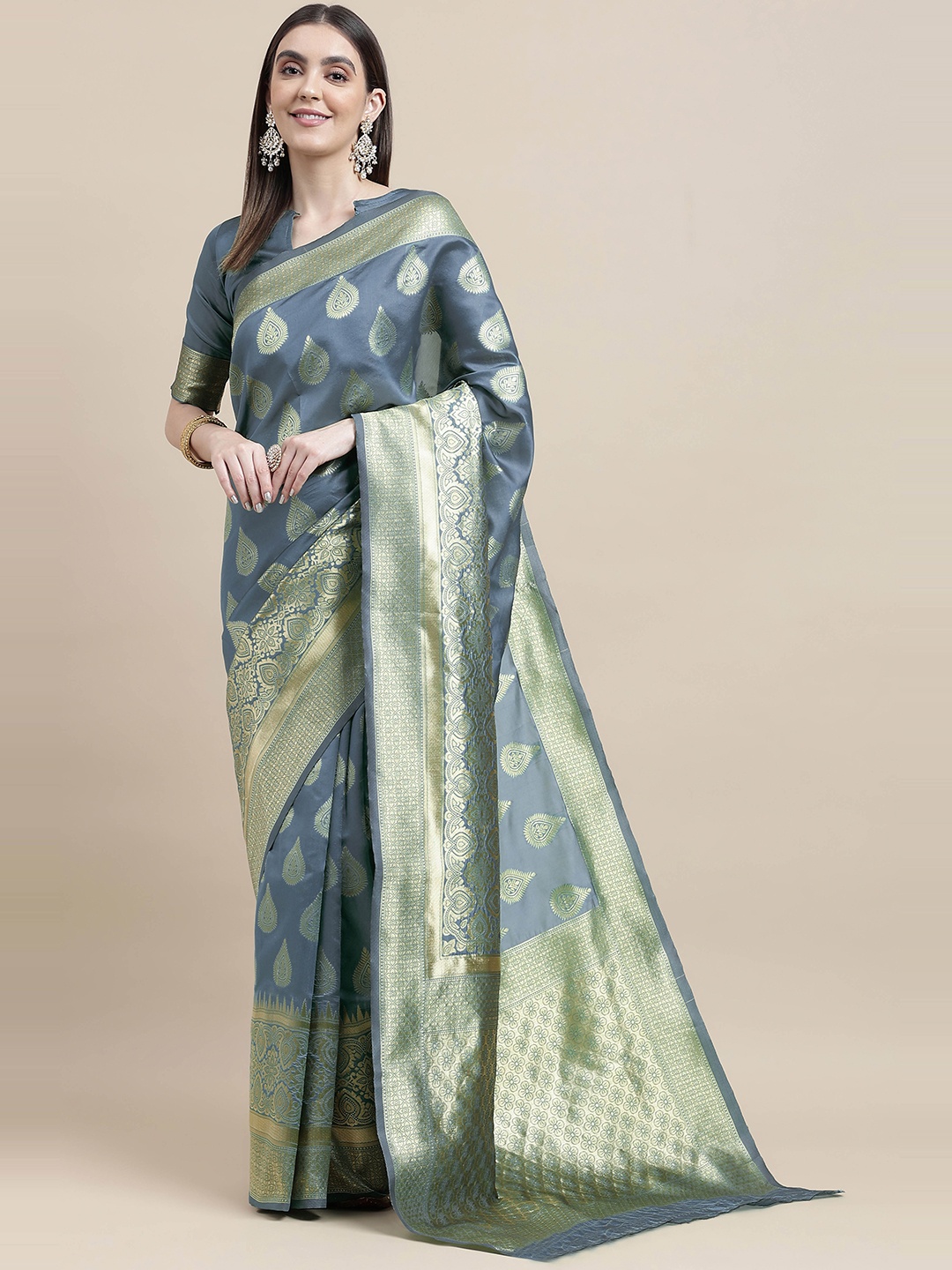 

HERE&NOW Grey & Gold-Toned Ethnic Woven Design Zari Banarasi Saree