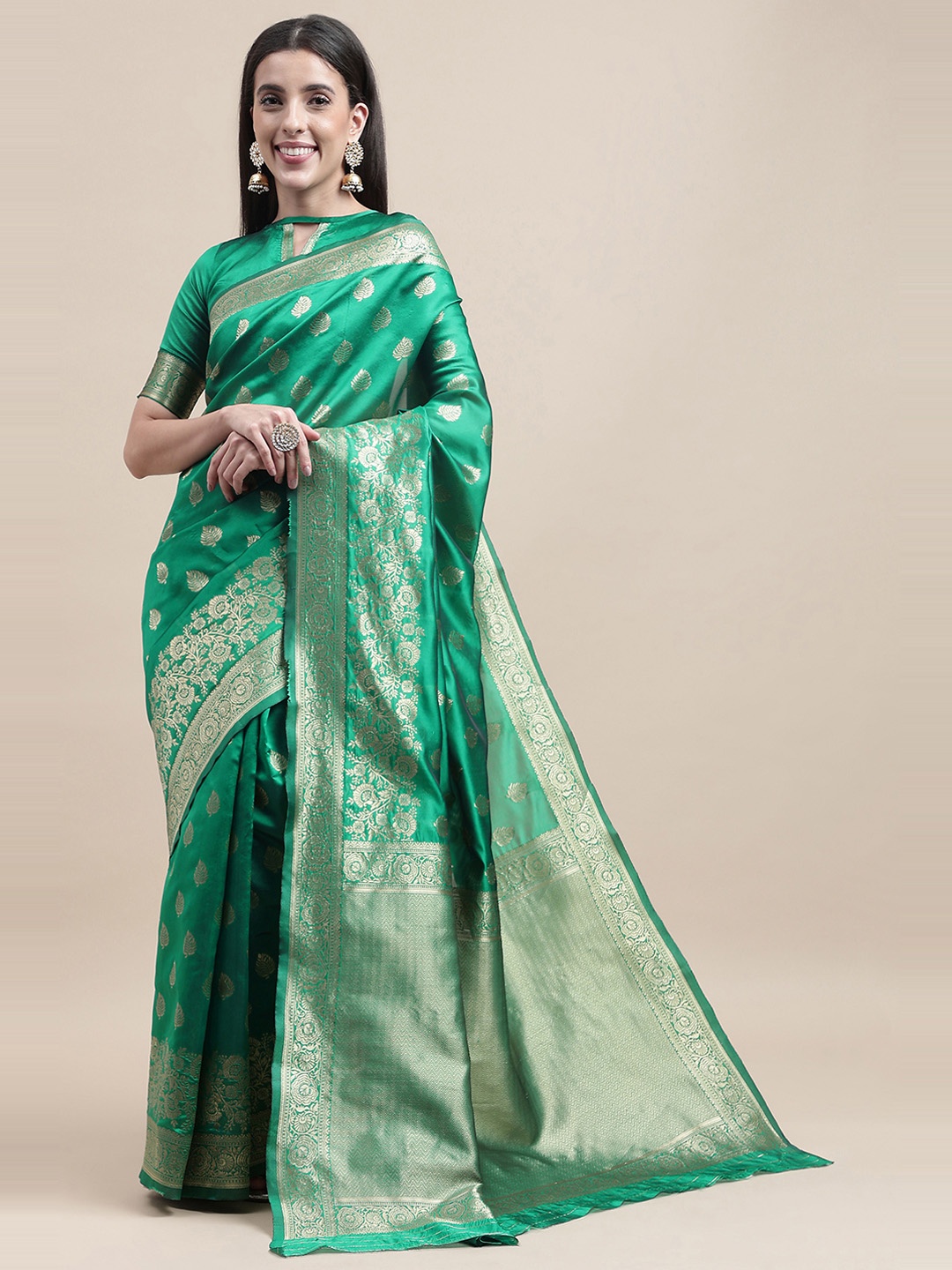 

HERE&NOW Green & Gold-Toned Floral Woven Design Zari Banarasi Saree