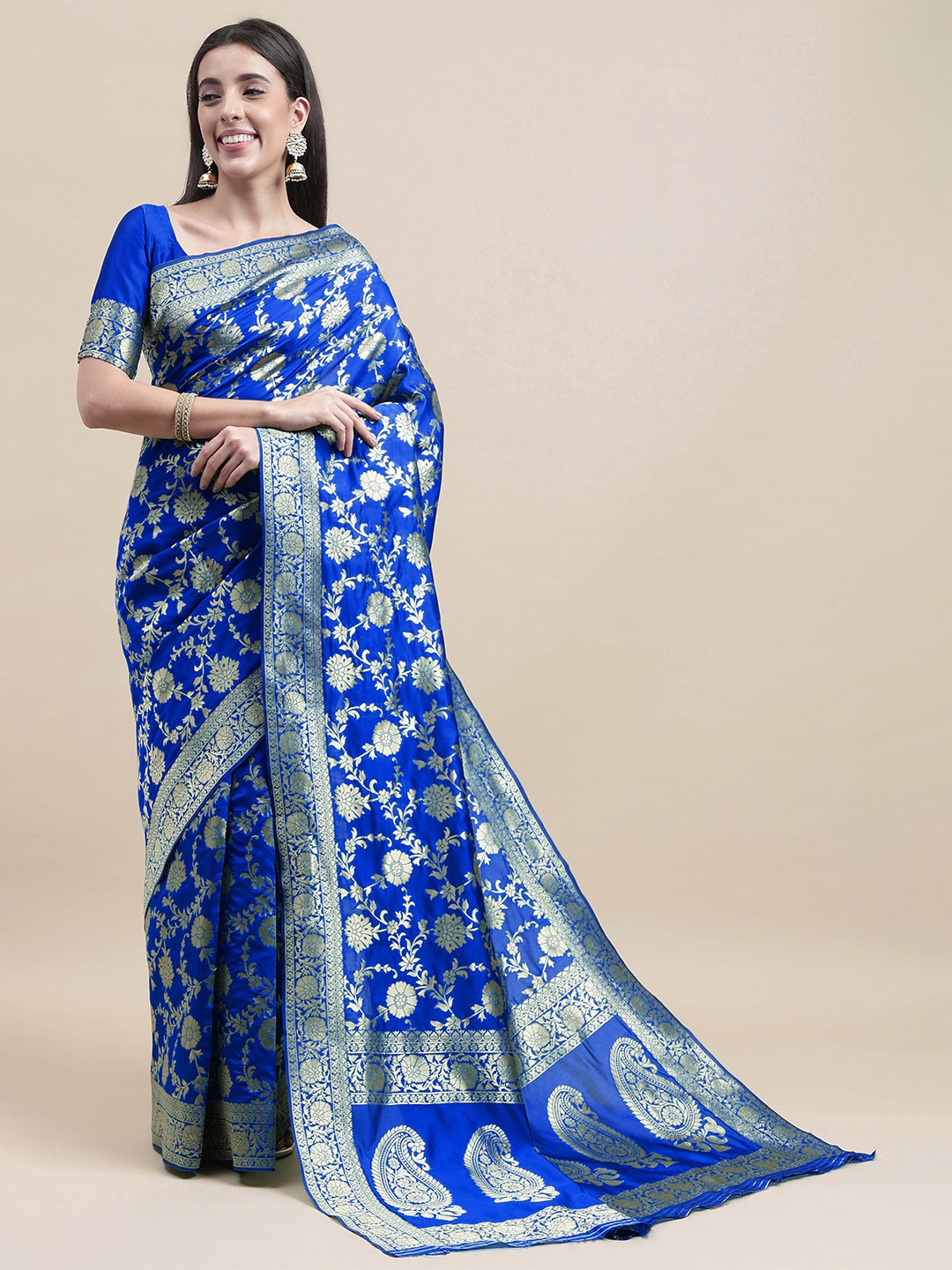 

HERE&NOW Blue & Gold-Toned Floral Woven Design Zari Banarasi Saree