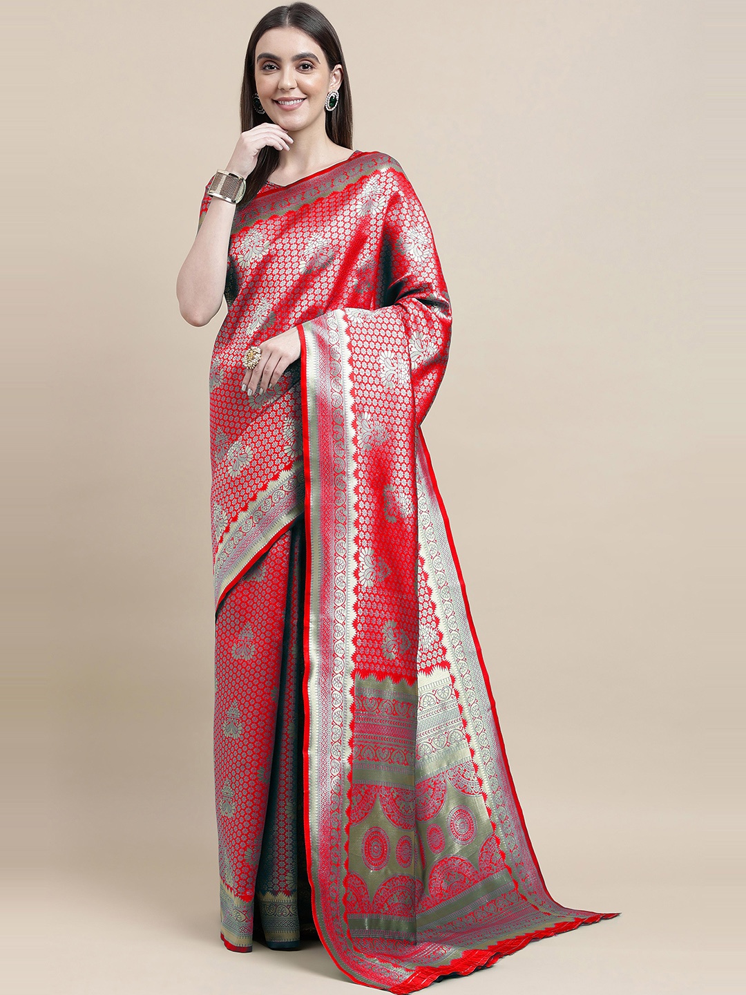 

HERE&NOW Red & Gold-Toned Floral Woven Design Zari Banarasi Saree