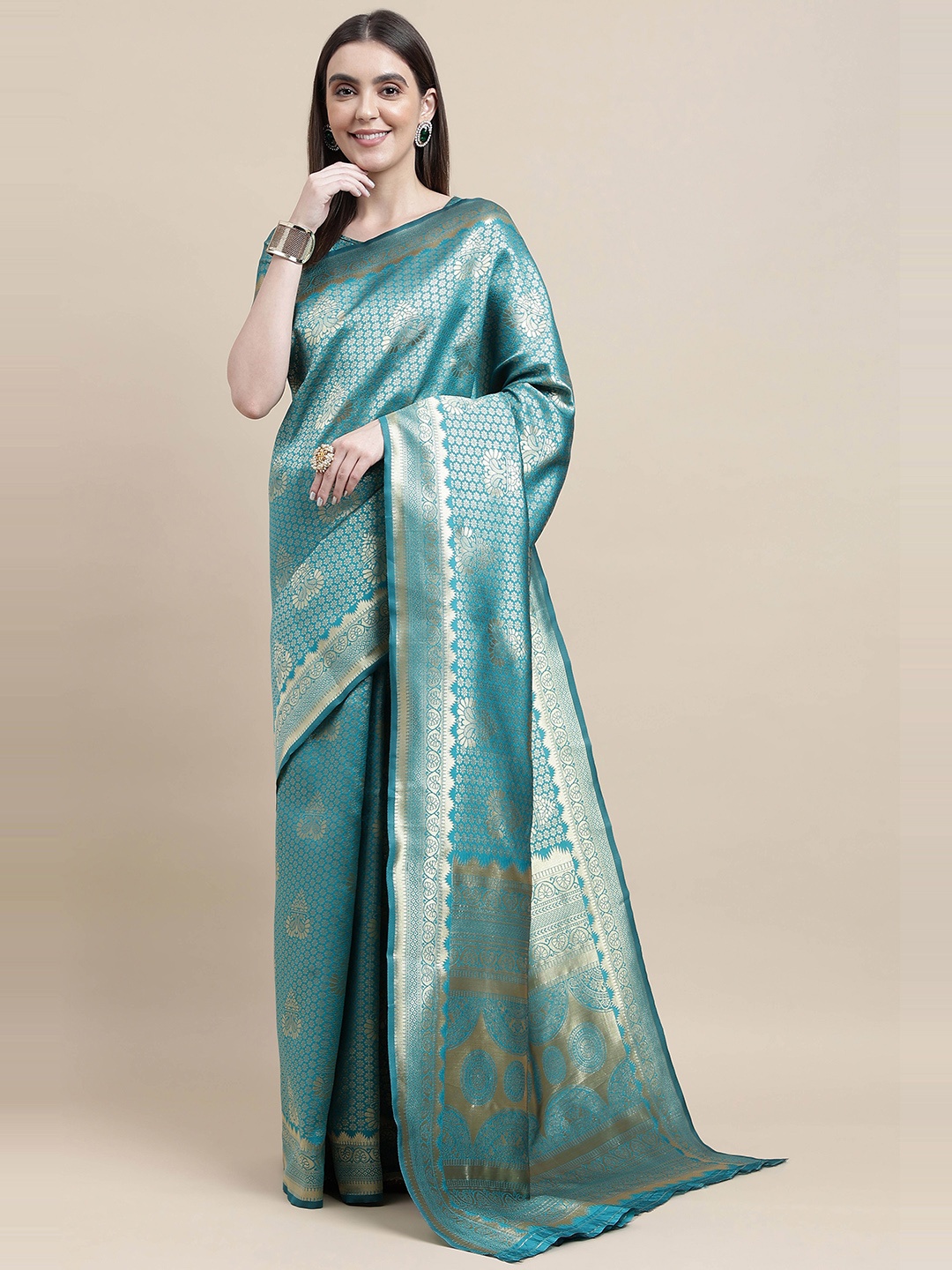 

HERE&NOW Blue & Gold-Toned Floral Woven Design Zari Banarasi Saree