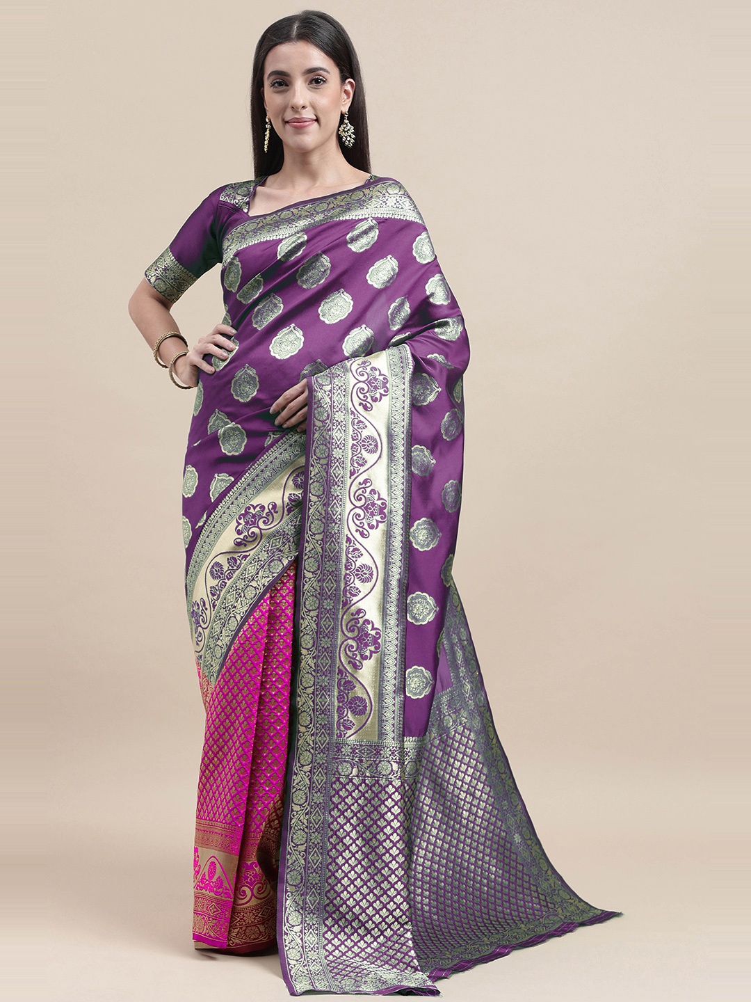 

HERE&NOW Violet & Gold-Toned Ethnic Motif Woven Design Half and Half Kanjeevaram Saree