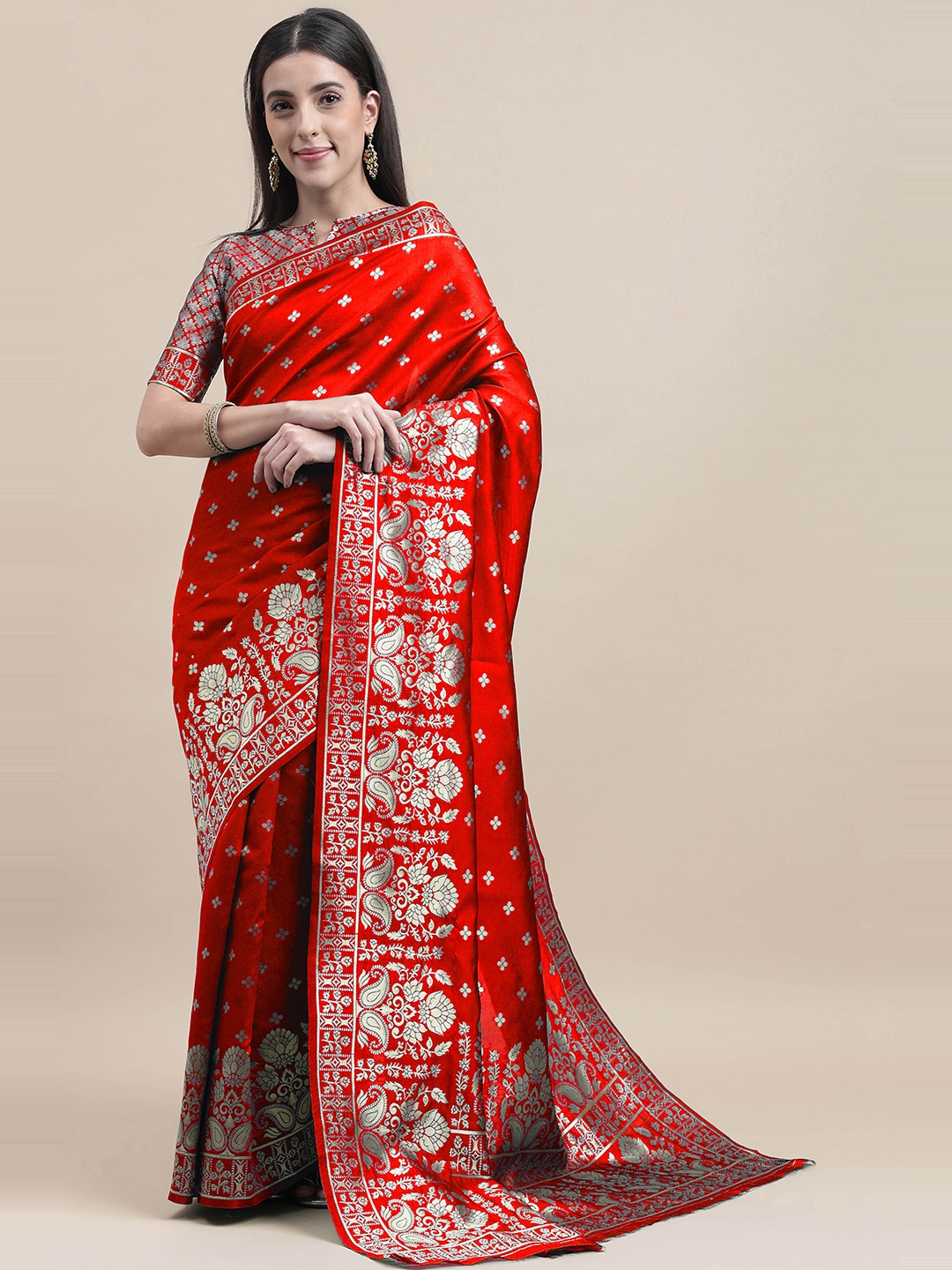 

HERE&NOW Red & Silver-Toned Floral Woven Design Zari Banarasi Saree