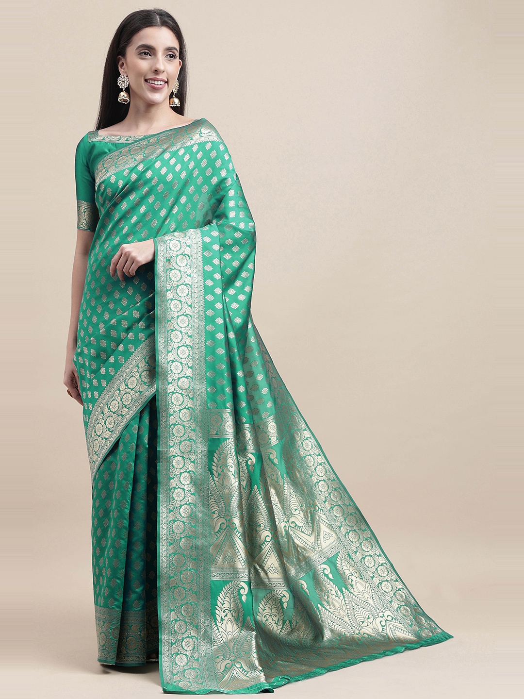 

HERE&NOW Green & Gold-Toned Ethnic Motif Woven Design Zari Banarasi Saree