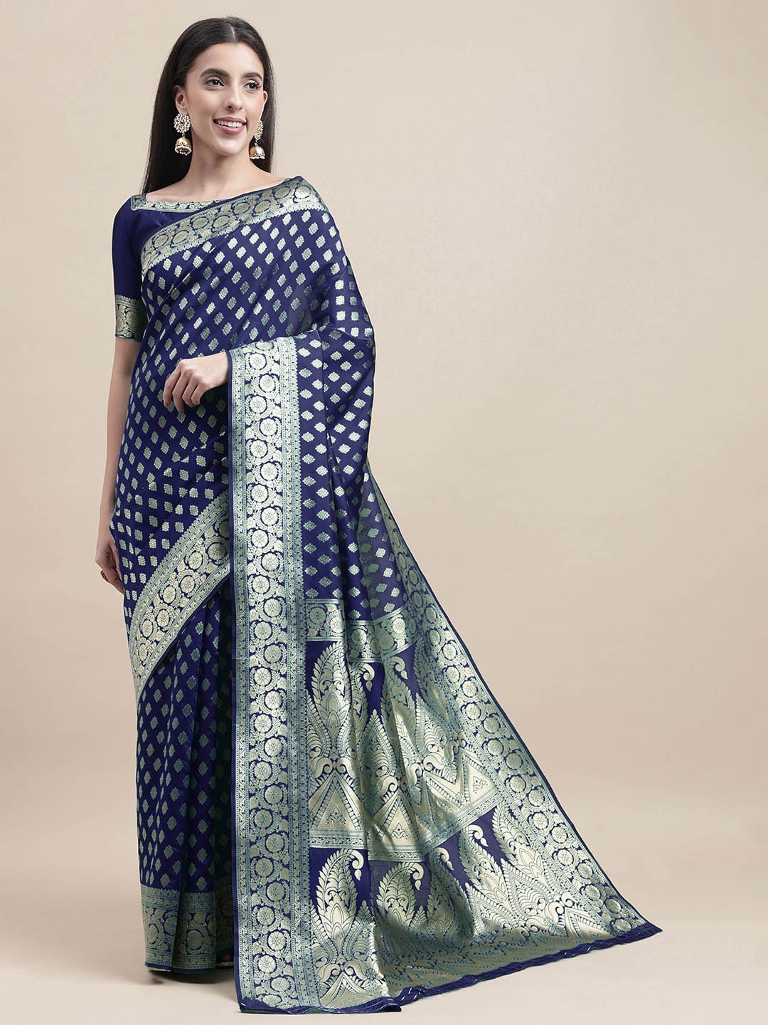 

HERE&NOW Navy Blue & Gold-Toned Ethnic Motif Woven Design Zari Banarasi Saree