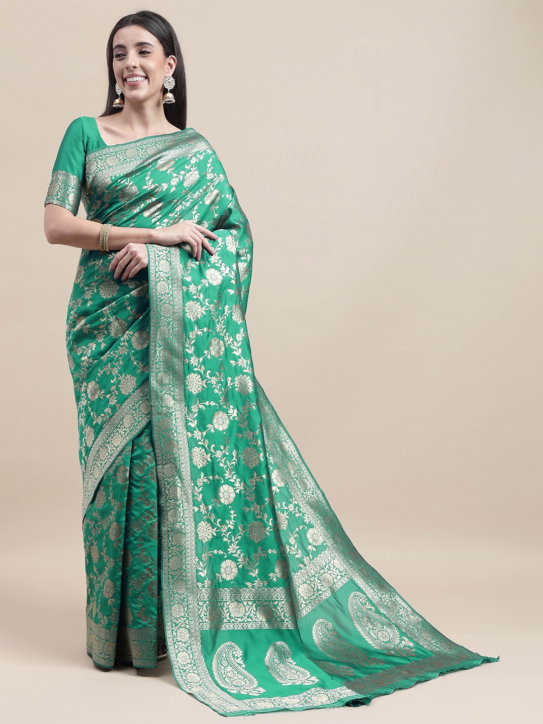 

HERE&NOW Green & Gold-Toned Floral Woven Design Zari Banarasi Saree