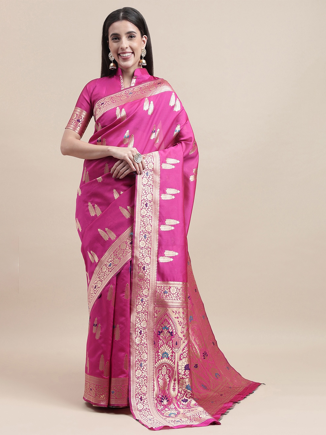 

HERE&NOW Pink & Gold-Toned Ethnic Motif Woven Design Zari Kanjeevaram Saree