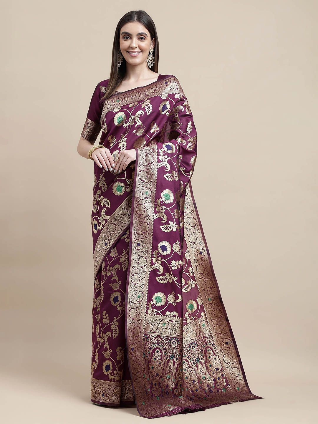 

HERE&NOW Purple & Gold-Toned Floral Woven Design Zari Kanjeevaram Saree