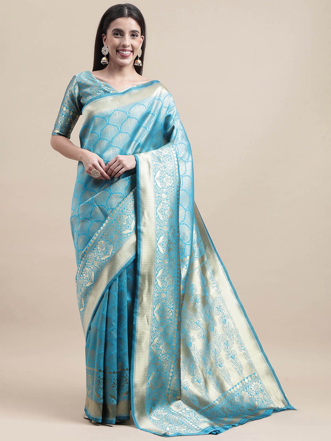

HERE&NOW Blue & Gold-Toned Floral Woven Design Zari Banarasi Saree