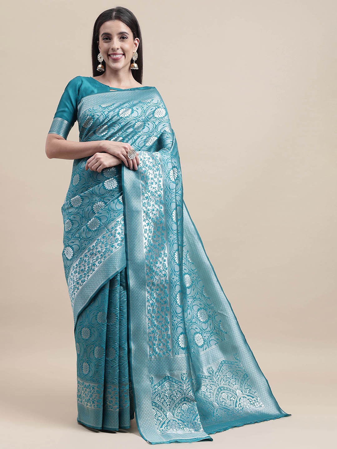 

HERE&NOW Blue & Silver-Toned Floral Woven Design Zari Kanjeevaram Saree