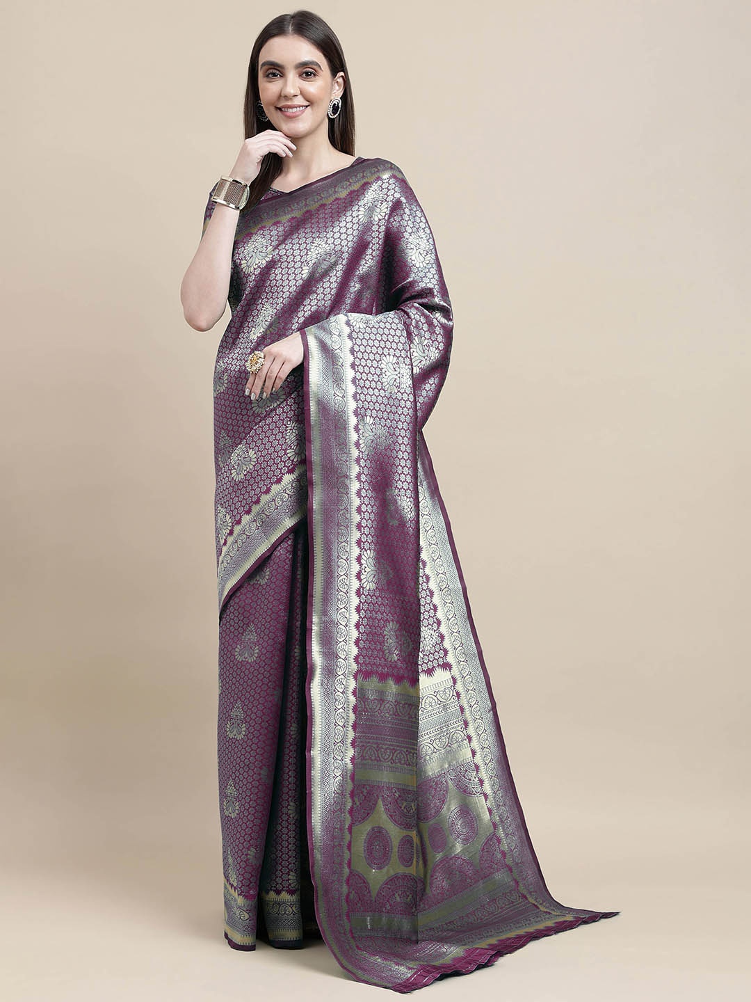 

HERE&NOW Purple & Gold-Toned Floral Woven Design Zari Banarasi Saree