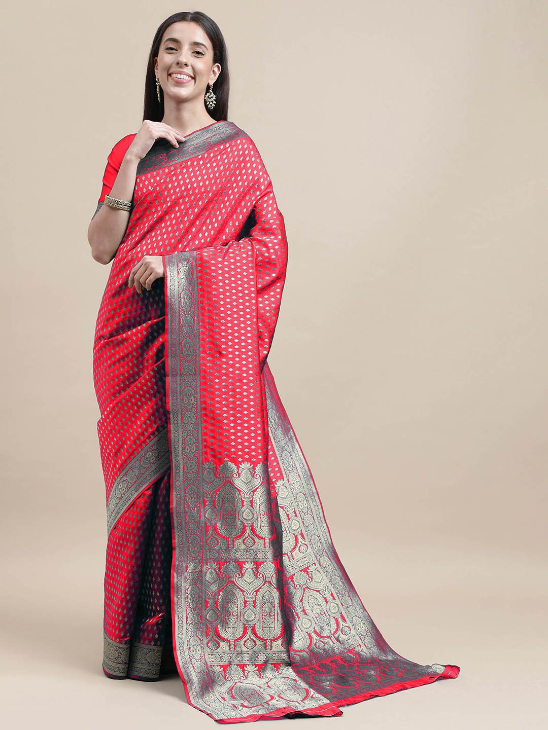 

HERE&NOW Pink Ethnic Woven Design Zari Kanjeevaram Saree