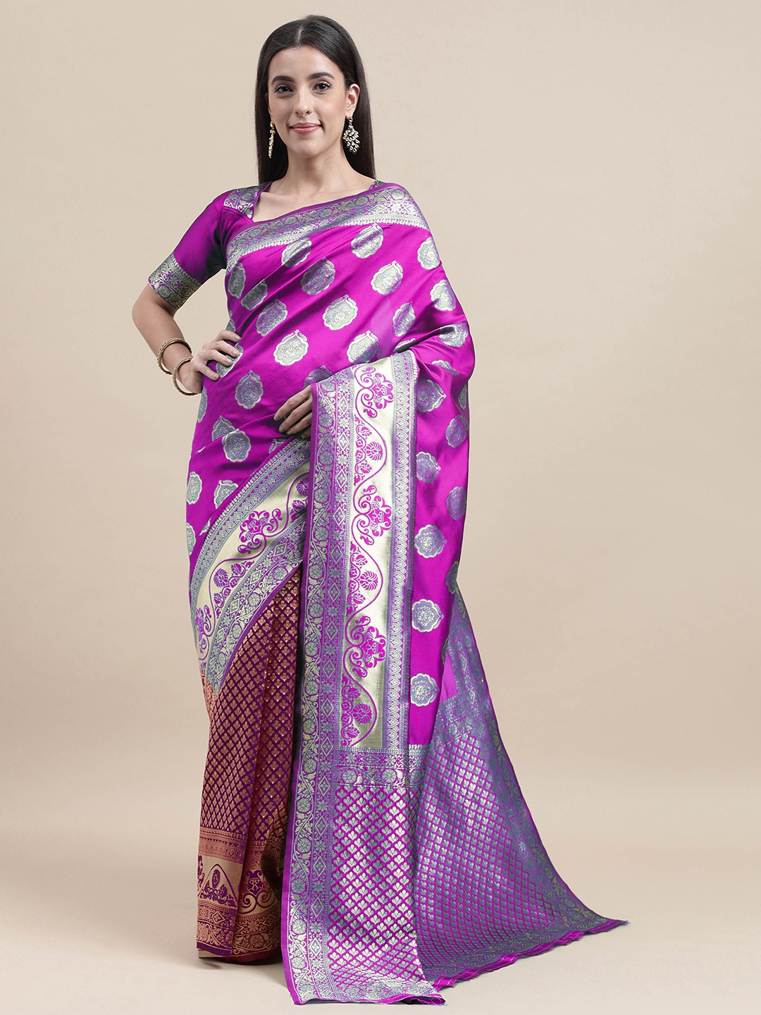 

HERE&NOW Purple & Gold-Toned Ethnic Motif Woven Design Zari Kanjeevaram Saree