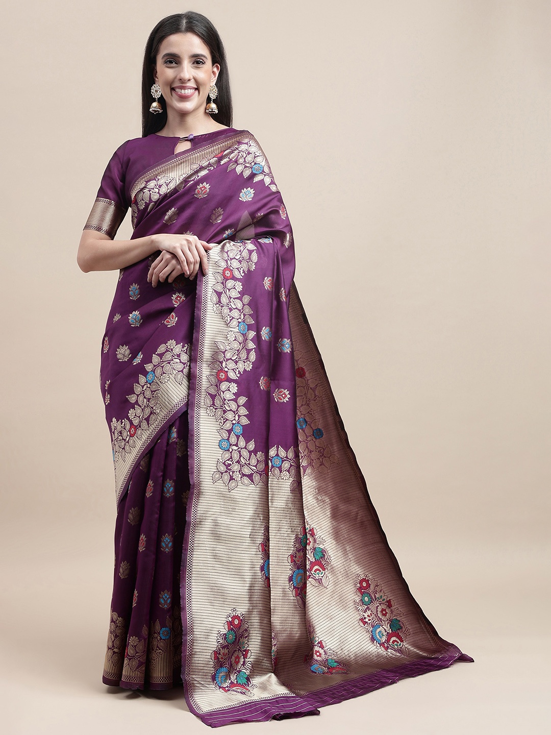 

HERE&NOW Purple & Gold-Toned Ethnic Motif Woven Design Zari Kanjeevaram Saree