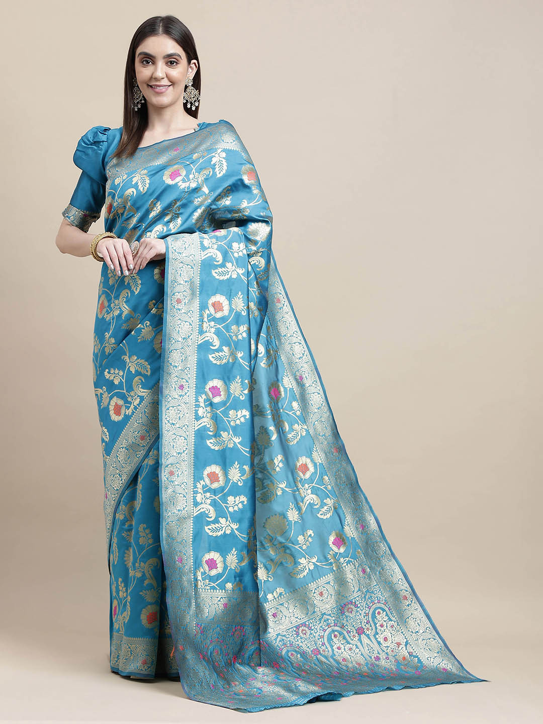 

HERE&NOW Blue & Magenta Floral Woven Design Zari Kanjeevaram Saree