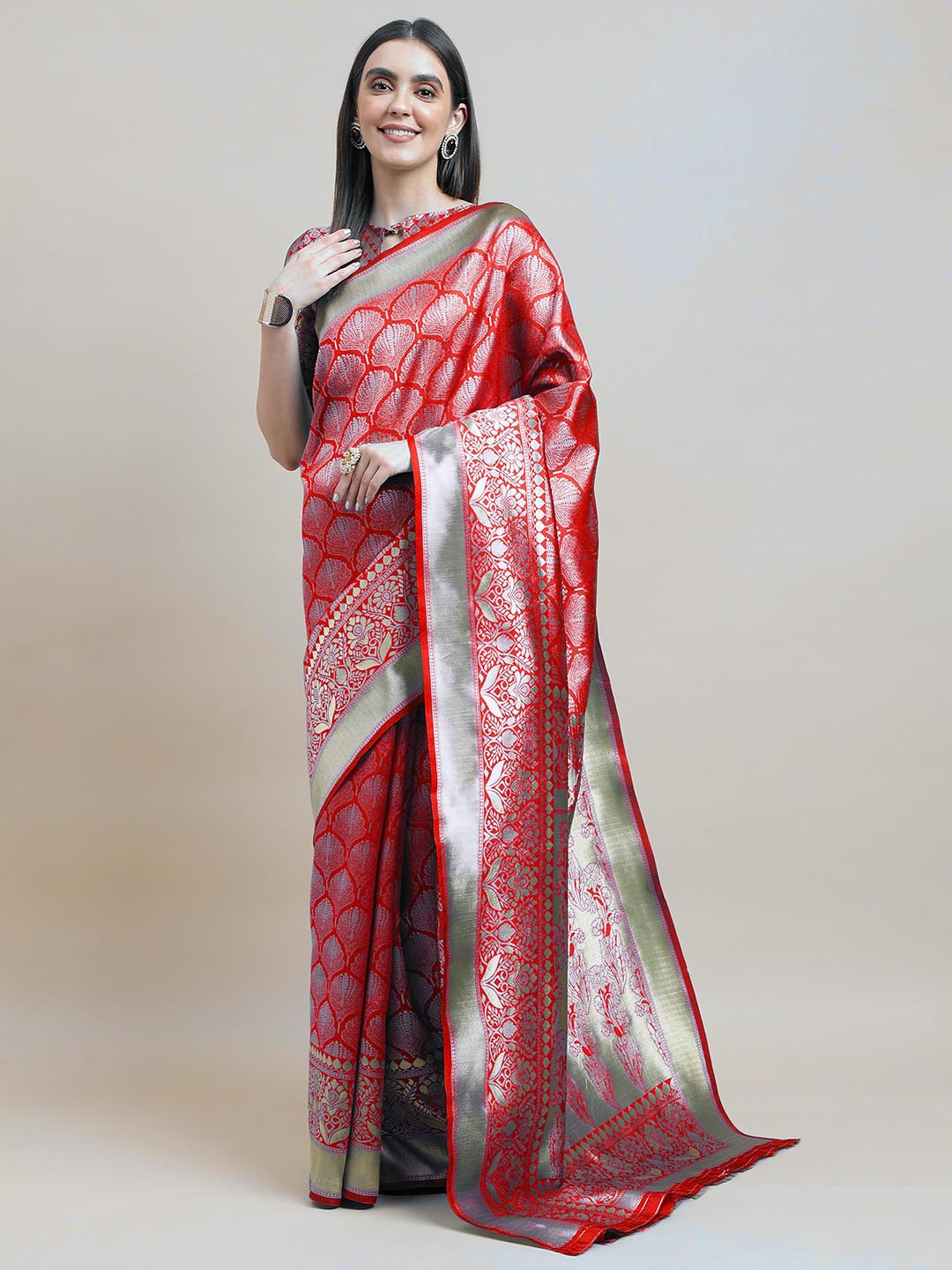 

HERE&NOW Red & Green Floral Woven Design Zari Banarasi Saree