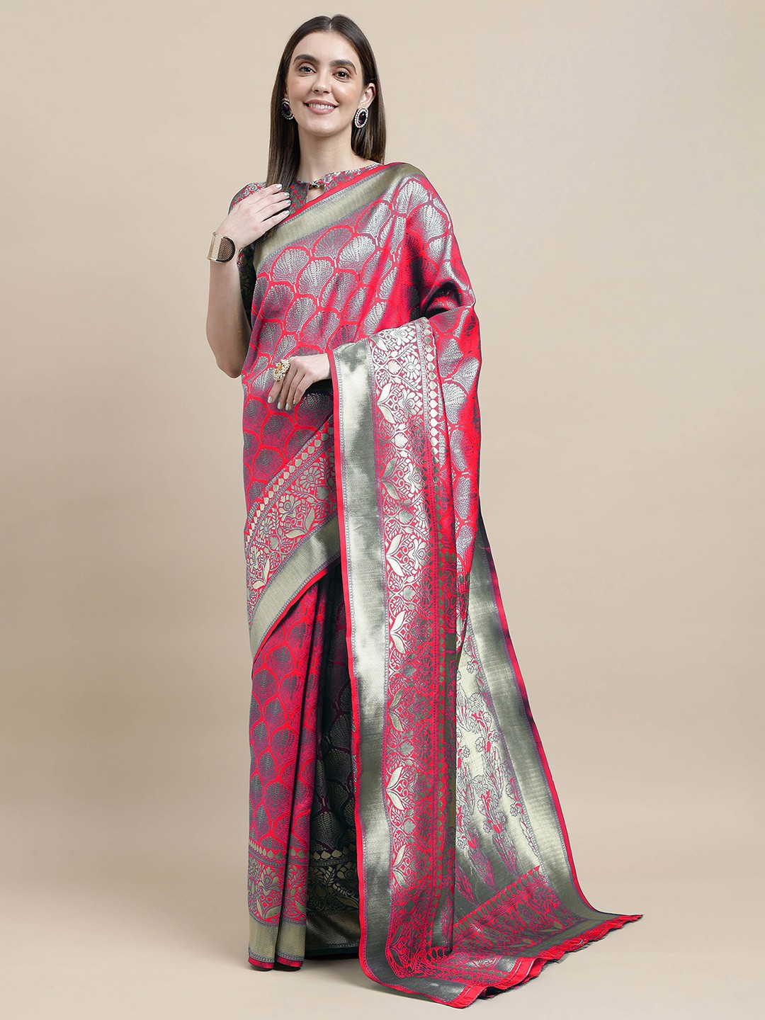 

HERE&NOW Pink & Copper-Toned Floral Woven Design Zari Banarasi Saree
