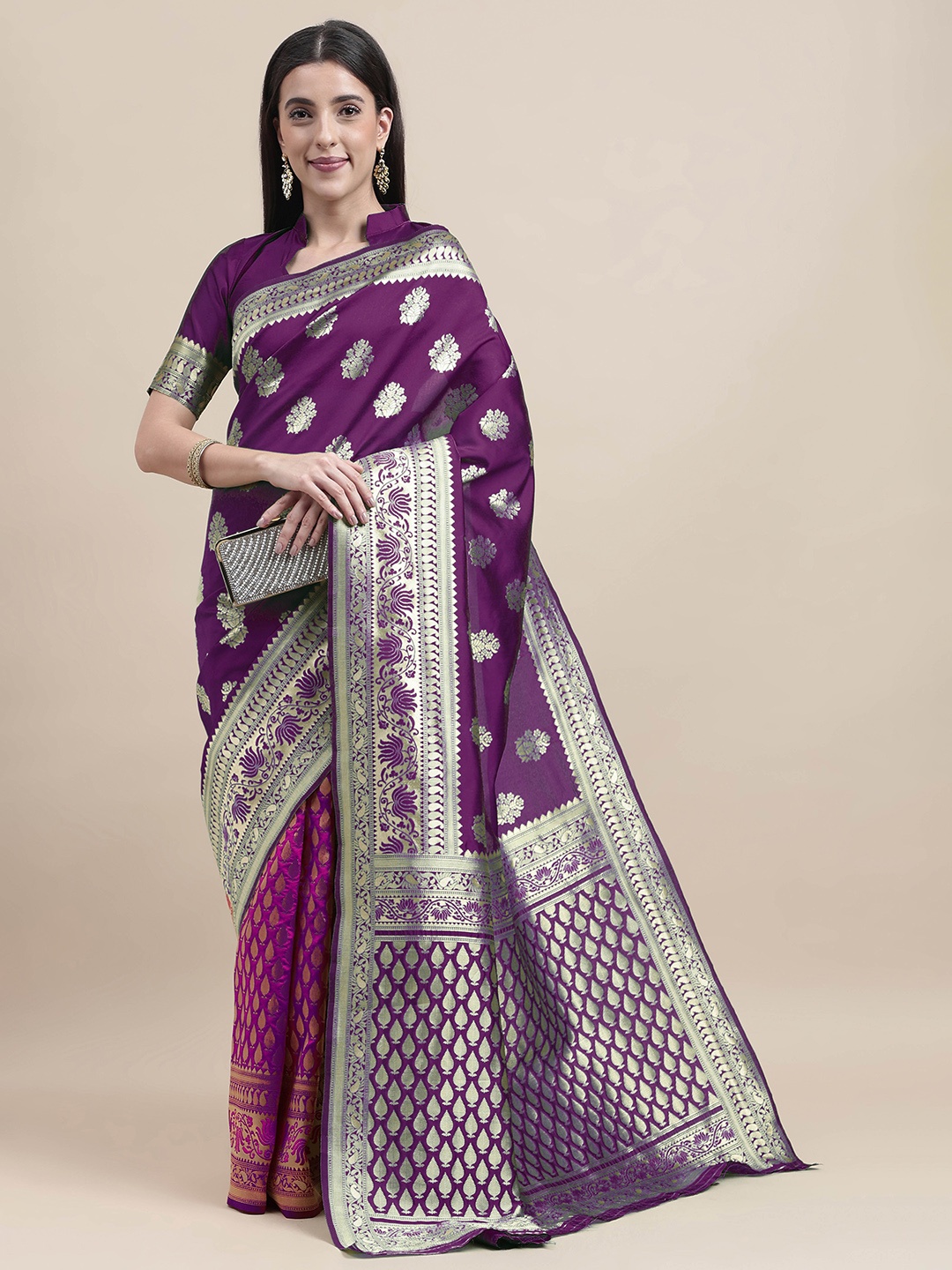 

HERE&NOW Violet Floral Woven Design Zari Kanjeevaram Saree