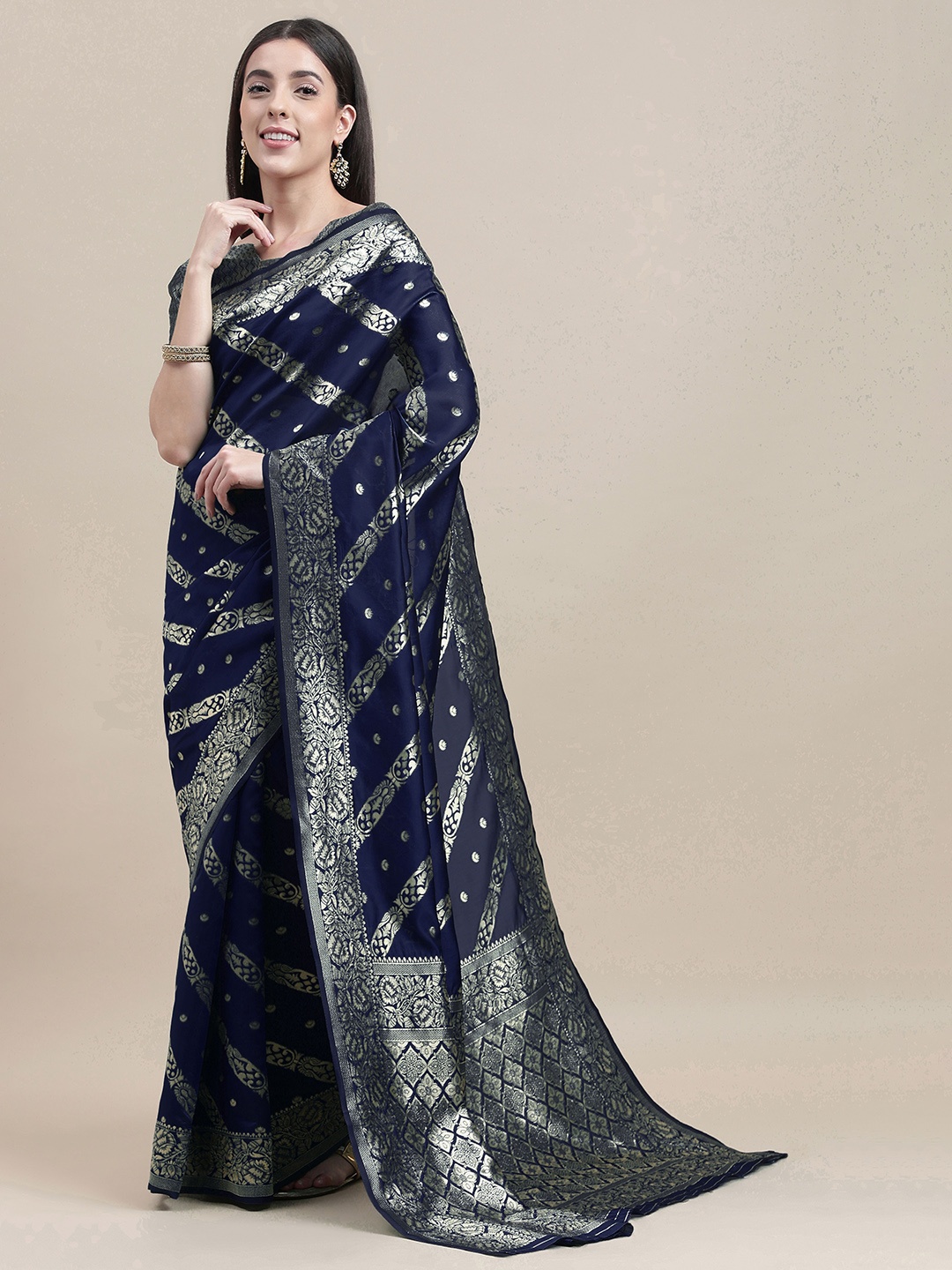 

HERE&NOW Blue & Gold-Toned Ethnic Motif Woven Design Zari Banarasi Saree, Navy blue