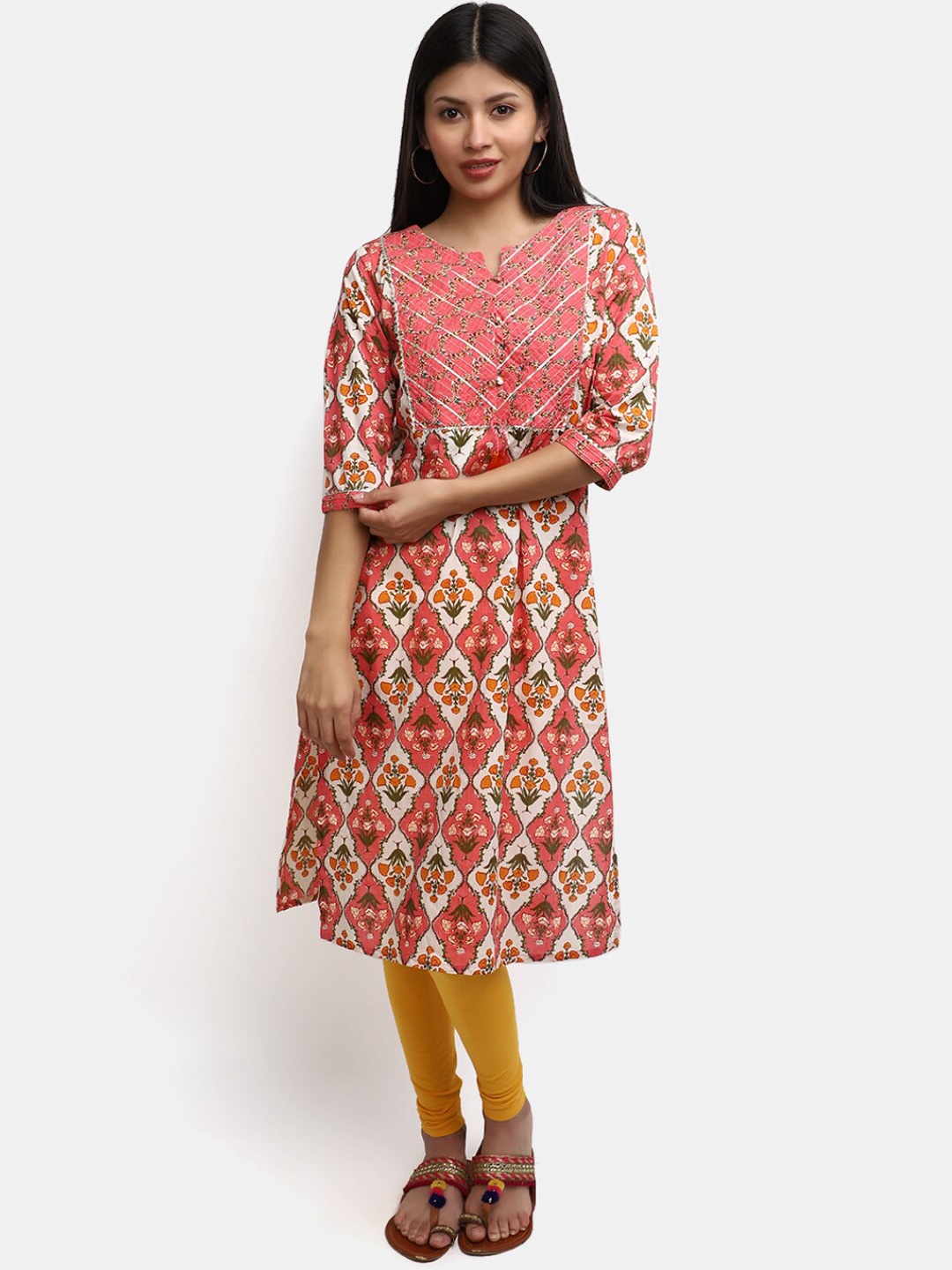 

V-Mart Ethnic Motifs Printed Gotta Patti Pure Cotton Anarkali Kurta, Orange