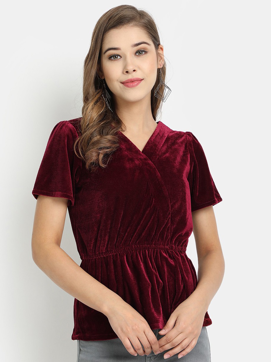 

Golden Kite V-Neck Peplum Velvet Top, Maroon