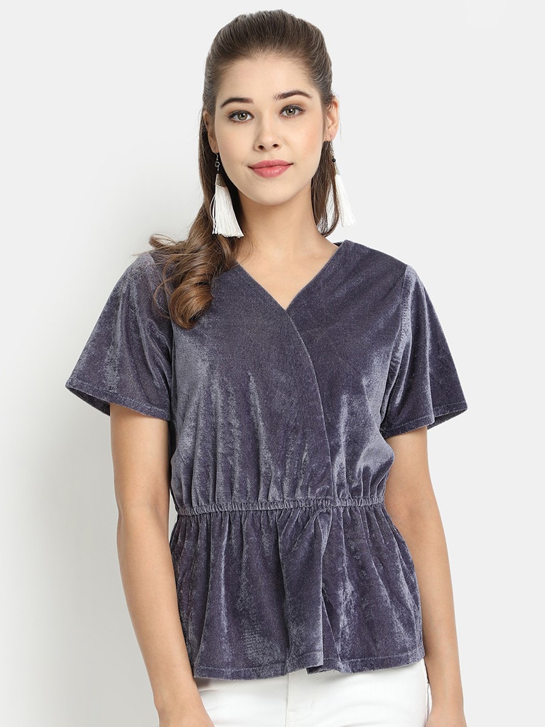 

Golden Kite V-Neck Peplum Velvet Top, Grey