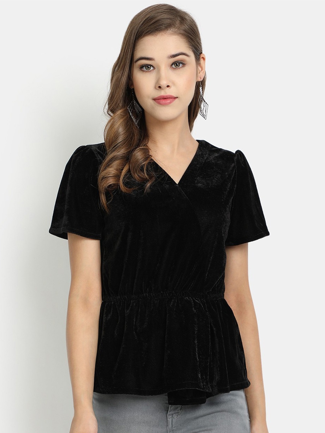 

Golden Kite V-Neck Peplum Velvet Top, Black