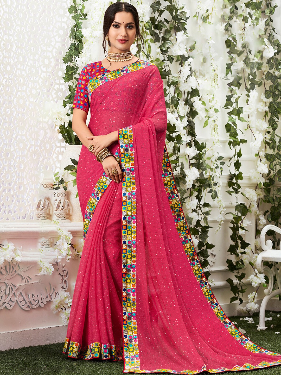 

Laxmipati Printed Poly Chiffon Saree, Pink