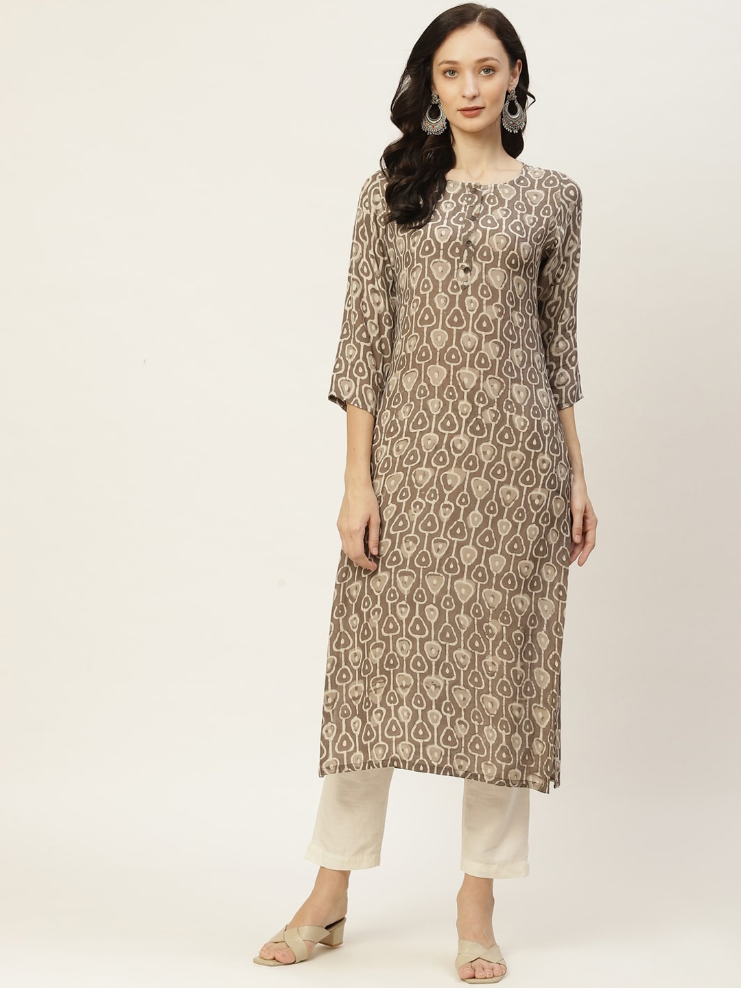 

KALINI Ethnic Motifs Printed Pure Silk Kurta, Grey