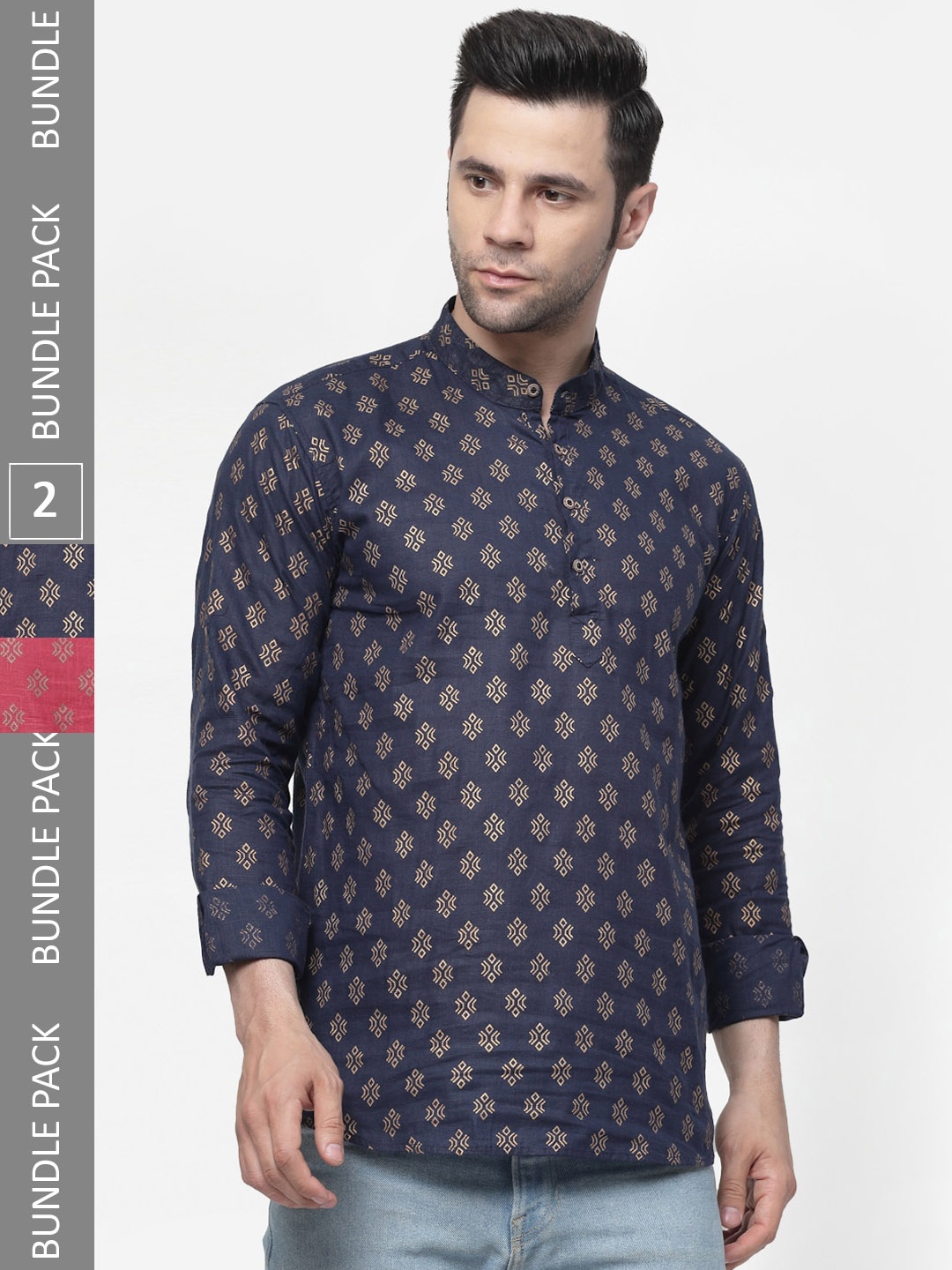 

allan peter Pack Of 2 Ethnic Motifs Printed Pure Cotton Kurta, Navy blue