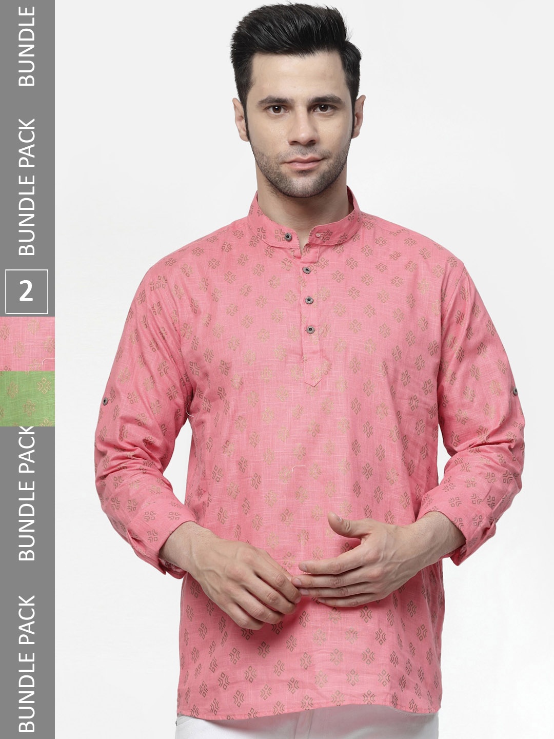 

allan peter Pack Of 2 Printed Band Collar Cotton Short Kurtas, Pink