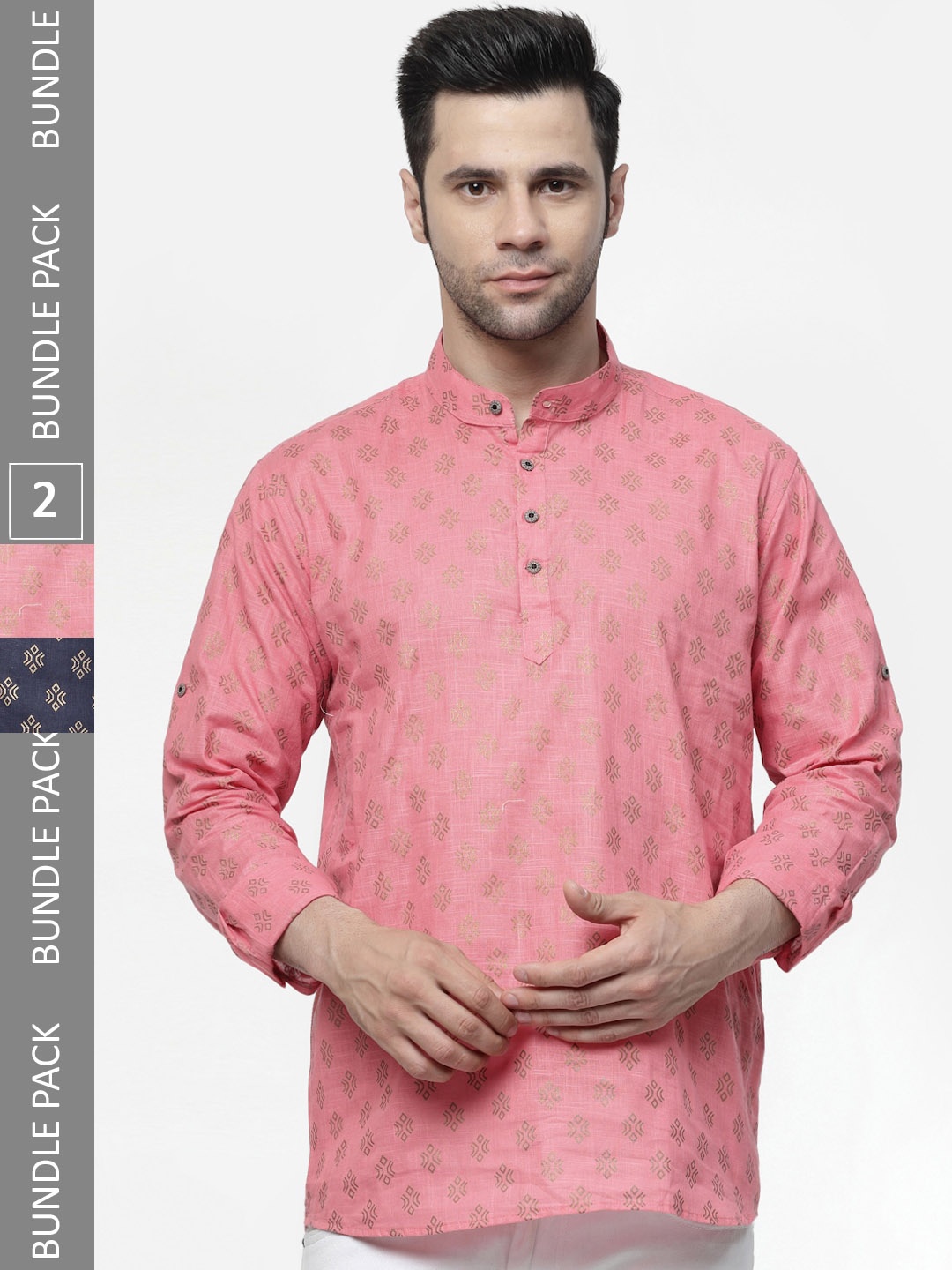 

allan peter Pack Of 2 Printed Band Collar Cotton Short Kurtas, Pink