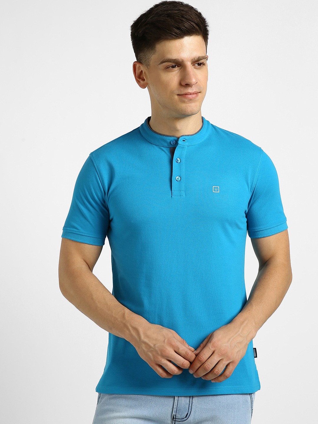 

Urbano Fashion Band Collar Slim Fit T-shirt, Blue
