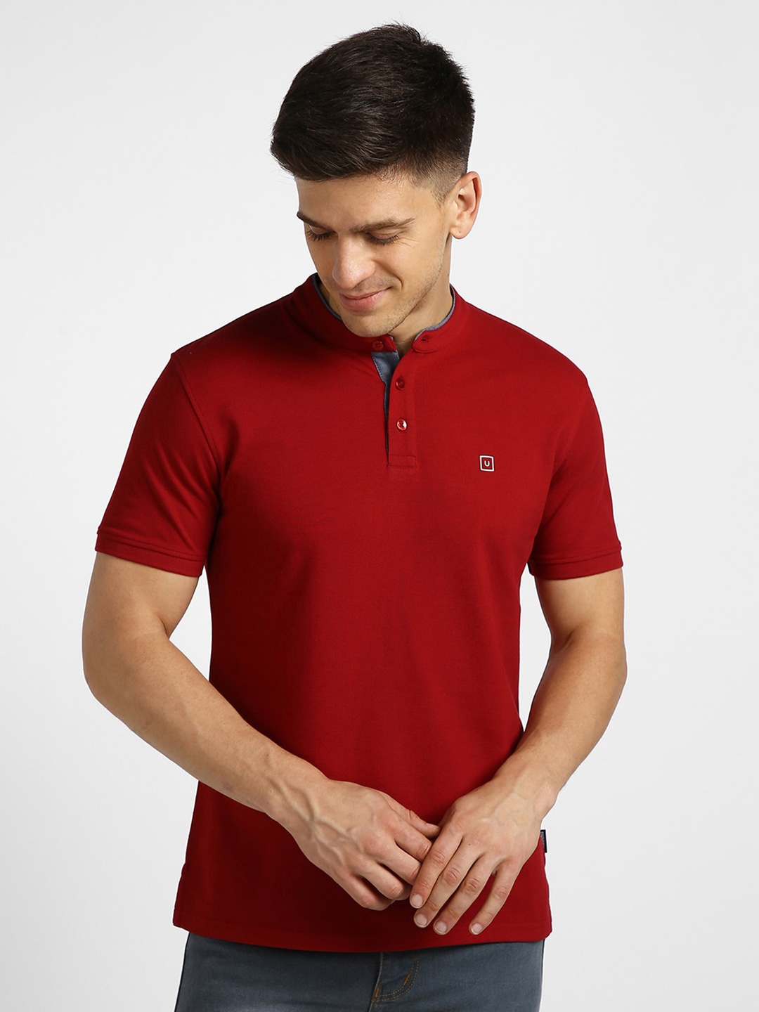 

Urbano Fashion Mandarin Collar Slim Fit T-shirt, Red