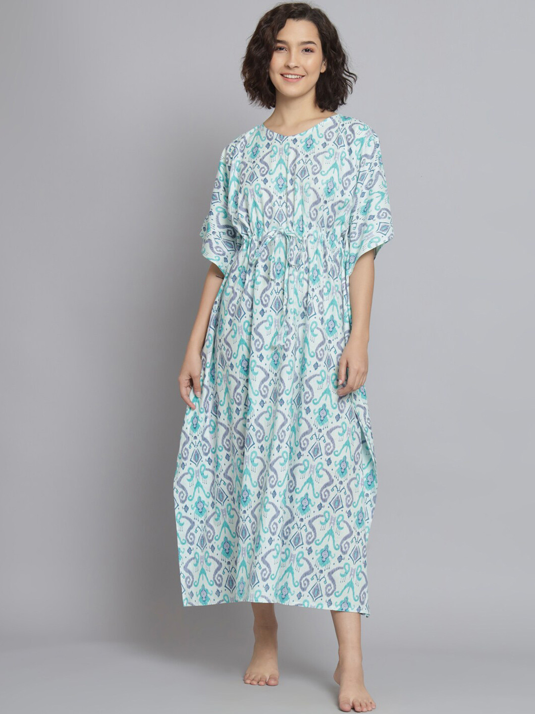 

SEPHANI Ethnic Motifs Printed Pure Cotton Kaftan Maxi Nightdress, Sea green